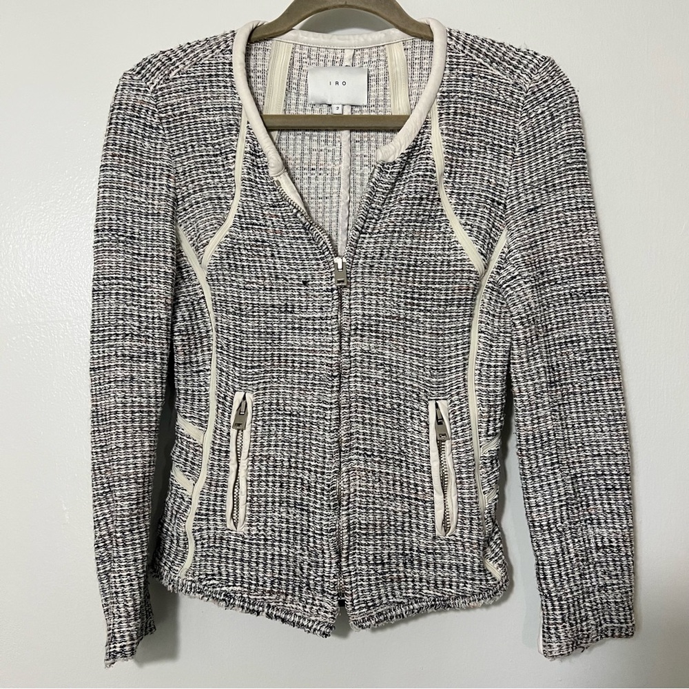 IRO Noelia Tweed w/Leather Trim Moto Style Academia Jacket Blanc/Noir Tweed Sz 2